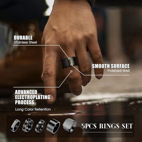 Sanfenly 5PCS 14K Gold Rings for Men Mens Gold Ring Mens Stainless Steel Rings Square Signet Rings Pinky Thumb Ring Chunky Thick Band Cuban Link Chain Ring Cool Finger Ring Wedding Band Ring for Men（Size 7-15） in Saudi Arabia