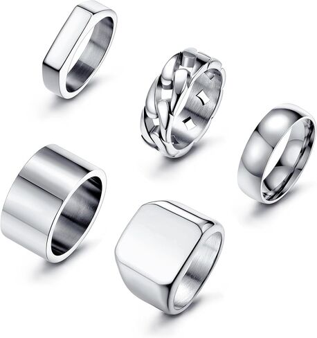 Sanfenly 5PCS 14K Gold Rings for Men Mens Gold Ring Mens Stainless Steel Rings Square Signet Rings Pinky Thumb Ring Chunky Thick Band Cuban Link Chain Ring Cool Finger Ring Wedding Band Ring for Men（Size 7-15） in Saudi Arabia