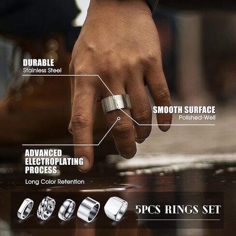 Sanfenly 5PCS 14K Gold Rings for Men Mens Gold Ring Mens Stainless Steel Rings Square Signet Rings Pinky Thumb Ring Chunky Thick Band Cuban Link Chain Ring Cool Finger Ring Wedding Band Ring for Men（Size 7-15） in Saudi Arabia