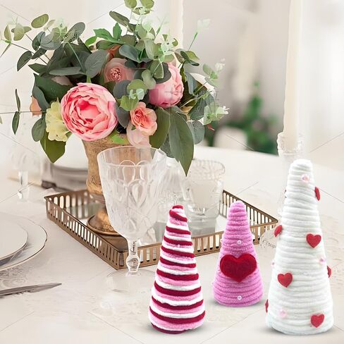 3 Pcs Valentine's Day Table Decorations Mini Yarn Trees, Red Pink White Valentine Table Trees Decorations Farmhouse Decor for Indoor Home Kitchen Wedding Tiered Tray Decor in Saudi Arabia