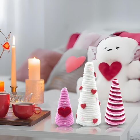 3 Pcs Valentine's Day Table Decorations Mini Yarn Trees, Red Pink White Valentine Table Trees Decorations Farmhouse Decor for Indoor Home Kitchen Wedding Tiered Tray Decor in Saudi Arabia