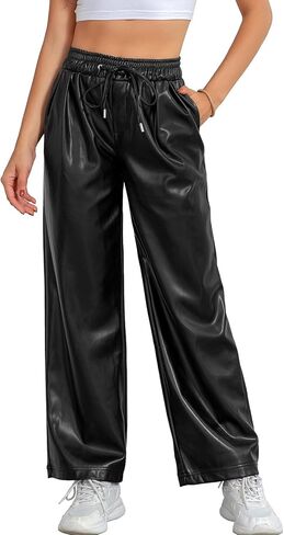 RAMISU Women's Faux Leather Pants High Waisted Straight Leg Trousers Elastic Drawstring Wide Leg PU Pants with Pockets in Saudi Arabia