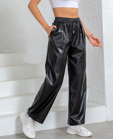 RAMISU Women's Faux Leather Pants High Waisted Straight Leg Trousers Elastic Drawstring Wide Leg PU Pants with Pockets in Saudi Arabia