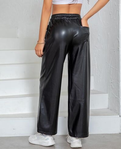 RAMISU Women's Faux Leather Pants High Waisted Straight Leg Trousers Elastic Drawstring Wide Leg PU Pants with Pockets in Saudi Arabia