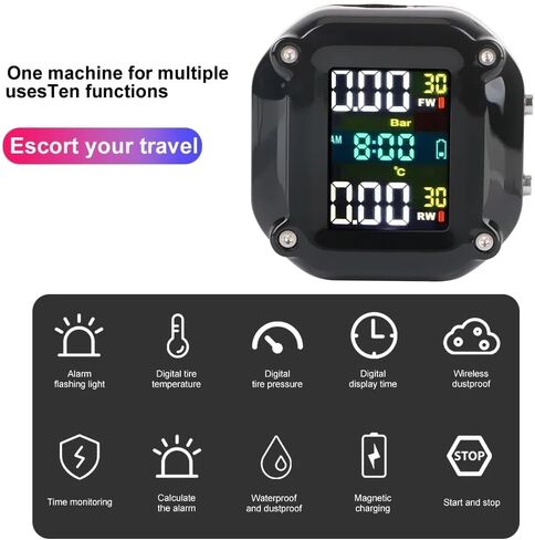 نظام مراقبة ضغط الإطارات TPMS للدراجة النارية، شاشة LCD منبه لدرجة حرارة إطارات الدراجة النارية مع جهازي استشعار خارجيين in Kuwait