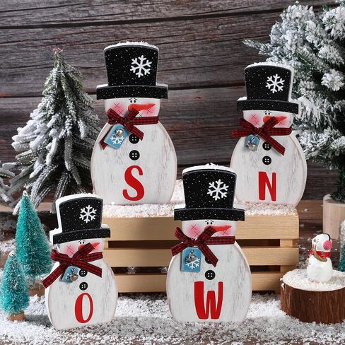 4 Pcs Christmas Snowman Table Decorations Centerpieces Joy Snowman Wooden Sign with Bells Plaid Scarf Snowflake Tag Winter Holiday Tiered Tray Decor for Home Mantle Shelf Kitchen (Snow) in Saudi Arabia