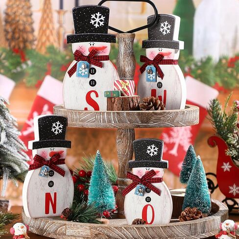 4 Pcs Christmas Snowman Table Decorations Centerpieces Joy Snowman Wooden Sign with Bells Plaid Scarf Snowflake Tag Winter Holiday Tiered Tray Decor for Home Mantle Shelf Kitchen (Snow) in Saudi Arabia