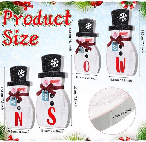 4 Pcs Christmas Snowman Table Decorations Centerpieces Joy Snowman Wooden Sign with Bells Plaid Scarf Snowflake Tag Winter Holiday Tiered Tray Decor for Home Mantle Shelf Kitchen (Snow) in Saudi Arabia