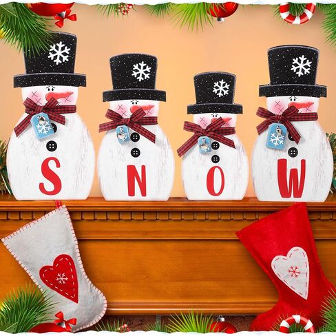 4 Pcs Christmas Snowman Table Decorations Centerpieces Joy Snowman Wooden Sign with Bells Plaid Scarf Snowflake Tag Winter Holiday Tiered Tray Decor for Home Mantle Shelf Kitchen (Snow) in Saudi Arabia