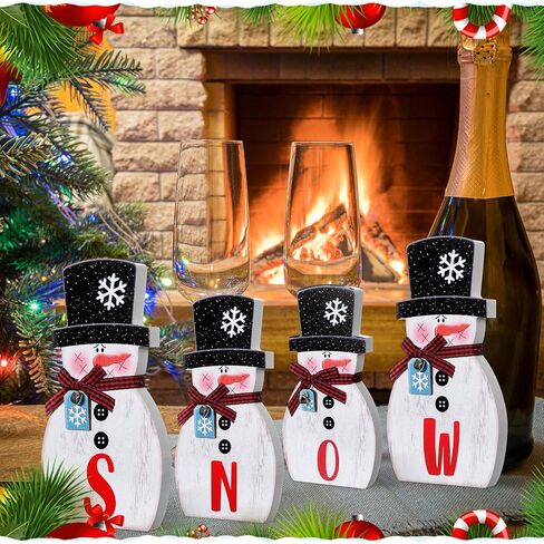 4 Pcs Christmas Snowman Table Decorations Centerpieces Joy Snowman Wooden Sign with Bells Plaid Scarf Snowflake Tag Winter Holiday Tiered Tray Decor for Home Mantle Shelf Kitchen (Snow) in Saudi Arabia
