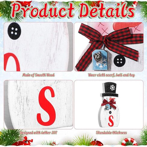 4 Pcs Christmas Snowman Table Decorations Centerpieces Joy Snowman Wooden Sign with Bells Plaid Scarf Snowflake Tag Winter Holiday Tiered Tray Decor for Home Mantle Shelf Kitchen (Snow) in Saudi Arabia
