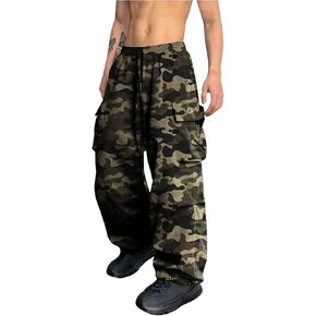 OYOANGLE Men's Camo Print Baggy Cargo Pants Elastic Drawstring Waist Wide Leg Trousers Streetwear