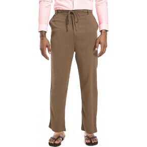 بنطلون كتان برباط للرجال، بنطلون فضفاض مستقيم بخصر مرن in Kuwait