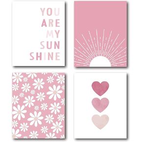 XWELLDAN Boho Sage Green Sun You Are My Sunshine Daisy Flower Heart Poster Wall Art Prints,Boho Gifts for Girls,Bohemian Wall Art Decor for Baby Girls Room Nursery,8 x 10 Inch Set of 4 Prints,Unframed