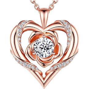 Beam & Bask Rose Flower Heart Pendant Moissanite Necklaces for Wife, S925 Silver Gifts for Women, 18K Gold Plated Jewelry for Her Girlfriend Mom for Anniversary Birthday Christmas