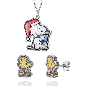 SALLY ROSE Peanuts Snoopy and Woodstock Christmas Necklace and Stud Earrings Set Official License, Fashion Earrings and 16"+2" Necklace