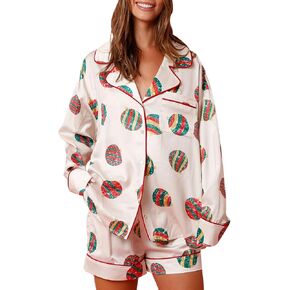 UAURORAO Women Christmas Cartoon Satin Shorts Set Long Sleeve Cute Print Button Down Shirts Colorful Pj Set Sleepwear