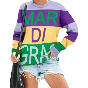 FRYAID Mardi Gras Sweatshirt Women Funny Tuesday Shirt Striped Carnival Sweater New Orleans Pullover Casual Long Sleeve Top