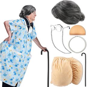 Zhanmai 8 Pcs Old Lady Costume Set Women's Fat Suits Short Sleeve Robe Granny Wig Cap Fake Butt Glasses Eyeglass Chains Beads