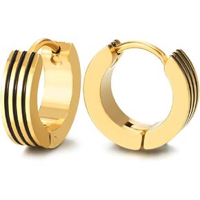 Gold Color Huggie Hinged Hoop Earrings with Black Stripes, Stainless Steel, Mens Womens