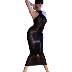 Oil Shiny Bodystocking Dress for Women Sexy Neck Hanging Body Stockings Sheer Full Body Stocking