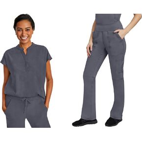 طقم فرك نسائي من Healing Hands مع إغلاق سريع عند خط العنق 2152 Tori Pant مع قماش مطاطي في اتجاهين - 9133، Pewter- L Top/L Pant