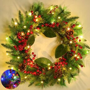 20 Inch Pre-Lit Christmas Wreath, Artificial Lighted Christmas Wreaths for Front Door Timer 8 Modes 30 Warm White & Multicolored Lights 4 Pine Cones 12 Red Berried Xmas Wreath for Home Wall Indoor