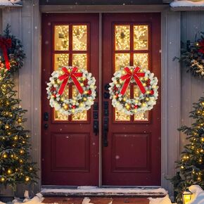 2 Pcs 20 Inch Pre Lit Christmas Wreath for Front Door Outdoor Winter Wreaths with Red Bow LED Norfolk Xmas Wreath with Lights Artificial Wreath for Christmas Party Outdoor Decor