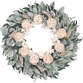 Kmise 24" Wreaths for Front Door, Apricot Rose Wreath with Flocked Lamb Ear for Wall Window Home Porch Indoor Wedding Anniversary Festival Décor
