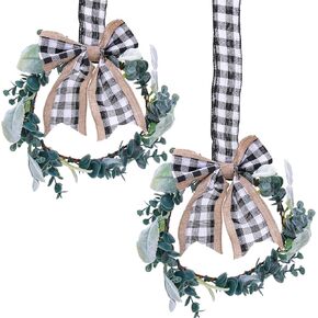 أكاليل خزانة مطبخ صغيرة من الأوكالبتوس - قطعتان 10 بوصة إكليل أخضر صغير صناعي للربيع والصيف مع شريط فيونكة منقوش لخزائن المنزل ونافذة الباب وديكور جدار الشرفة في المزرعة in Kuwait