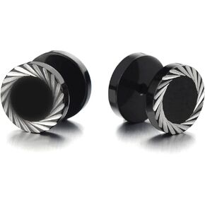 Illusion Tunnel Plug Stainless Steel Mens Earrings Screw Back with Laser Patterns, 2 Pcs
