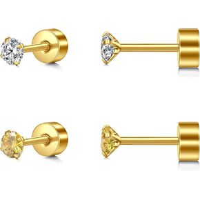 Incaton 2-6 Pairs 16G 20G Hypoallergenic Stud Earrings for Women Men Flat Back Earrings Stainless Steel Cubic Zirconia Cartilage Tragus Screw Back Earrings Piercing