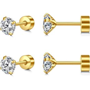 Incaton 2-6 Pairs 16G 20G Hypoallergenic Stud Earrings for Women Men Flat Back Earrings Stainless Steel Cubic Zirconia Cartilage Tragus Screw Back Earrings Piercing