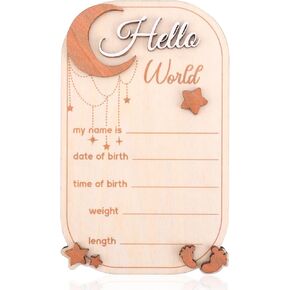 Baby Announcement Sign, Moon Star Birth Announcement Board Wooden Hello World Newborn Sign Decor Welcome Baby Sign Gifts Plaques for Photo Props Baby Shower Nursery Hospital