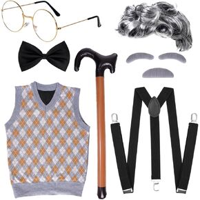 7 PCS Adult 100 Days of School Men Costume, 100 Days of School Man Costume for Halloween Grandpa Costume 1920s Old Man Dress Up Outfit Accessories