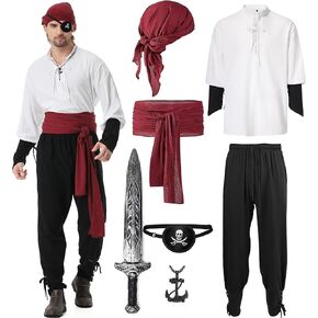 Men's Pirate Costume Set Renaissance Medieval Viking Pirates Halloween Costumes Outfit