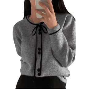 GORGLITTER Women's Bow Knot Cardigan Sweater Color Block Long Sleeve Button Front Knit Tops Dressy Casual 2024