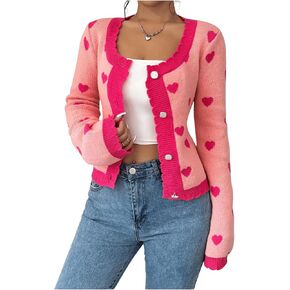 GORGLITTER Women's Heart Print Cardigan Open Front Long Sleeve Button Down Coquette Sweater