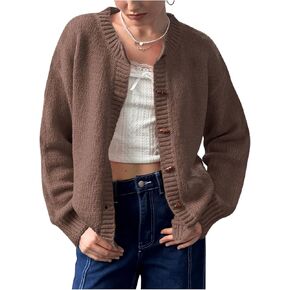 MakeMeChic Women's Round Neck Long Sleeve Button Down Cardigan Sweater Casual Knit Tops