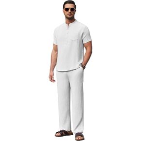 COOFANDY Mens Linen Sets 2 Piece Short Sleeve Henley Shirt and Beach Pants Set Casul Summer Vacation Outfit Set