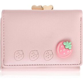 Women Wallet, 1Pcs Fashion Strawberry Wallet Card Holder Cute Small Leather Pocket Wallet Pink Water Resistant Tri-folded Wallet Cash Pocket for Women Girls Ladies