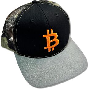 BTC Universe Bitcoin Snapback Trucker Cap Bear Hunter II Black with Cool Gray Bill- Green Camo Mesh Back - Orange 3-D Puff Embroidery
