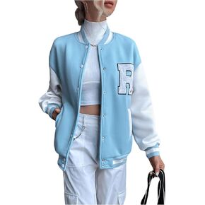 Floerns Women's Letter Print Raglan Long Sleeve Bomber Jacket Drop Shoulder Outwear Coat