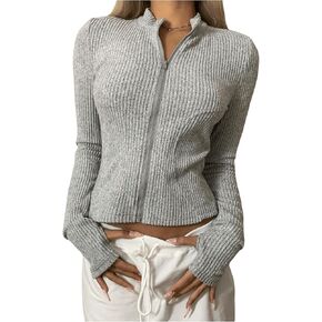 SweatyRocks Women's Casual Long Sleeve Zip Up Tops Solid Color Stand Collar Jackets