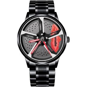 Car Watches for Men, Spinning Car Wheel Watch with Japanese Quartz Movement, Stainless Steel Waterproof Wrist Watch with Car Rim Hub Racing Design for Car Enthusiast