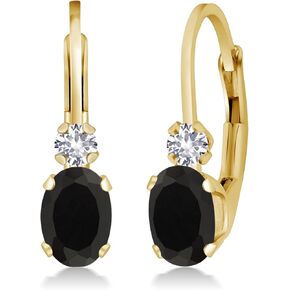 Gem Stone King 14K Yellow Gold Black Onyx and White Created Sapphire Leverback Earrings For Women | 0.86 Cttw | Gemstone December Birthstone | Oval 6X4MM, Round 2MM | 3/4 Inch
