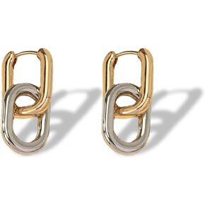 18K Two Tone Gold Silver Earrings for Women Rectangle Mixed Metal Silver Gold Hoop Earrings Gold Link Chunky Earring Women Jewelry Gift
