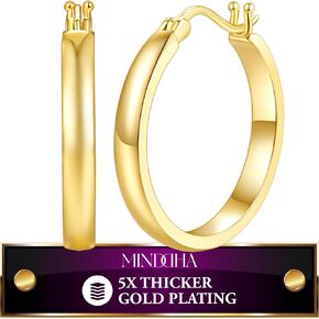 14/18K Gold Plated Hoop Earrings for Women, Hypoallergenic Hoops, Sterling Silver Post Lightweight Huggie Hoops - Durable Non Tarnish Gold Earrings, Sizes 20mm-30mm