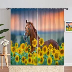 ANHOPE Horse Curtains, Rod Pocket Home Decorative Curtains with Rustic Theme Horse & Yellow Sunflower Print Pattern, Light Filtering Window Drapes for Bedroom Living Room, 2 Panels, 42 x 84 Inch