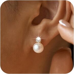 Pearl Earrings for Women-Dainty 14k Real Gold Plated Pearl Earrings Sterling Silver Post Stud Earrings for Women Trendy Gold Diamond Stud Drop Earrings Bridal Wedding Jewelry